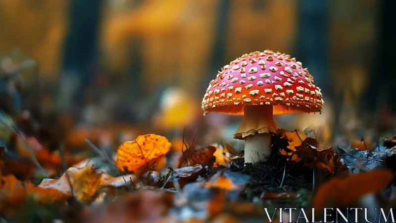 Fly agaric mushroom in vivid autumn forest floor scene.