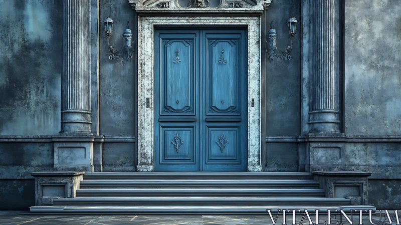 Blue neoclassical doorway with weathered stone facade.