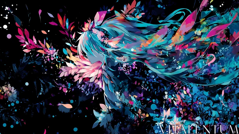 Dreamlike anime girl dissolves into neon floral bursts.