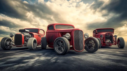 Sunlit red hot rods aligned under dramatic storm sky.