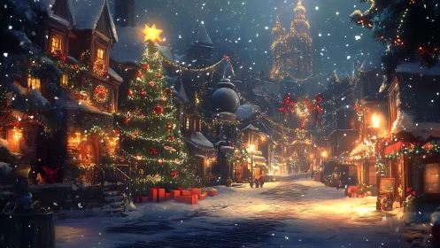 Snowy village street with large decorated Christmas tree.