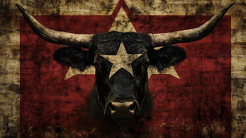 Longhorn bull head against worn red star flag background.