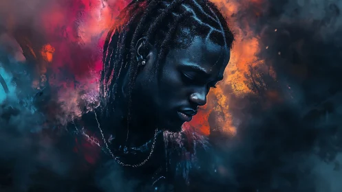 Chromatic vapor portrait with bicolor atmospheric lighting.