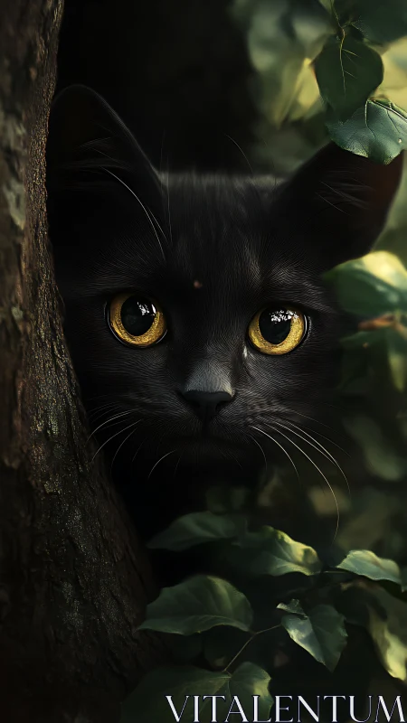 Black Felid Portrait with Golden Iridescent Ocular Features Among Foliage