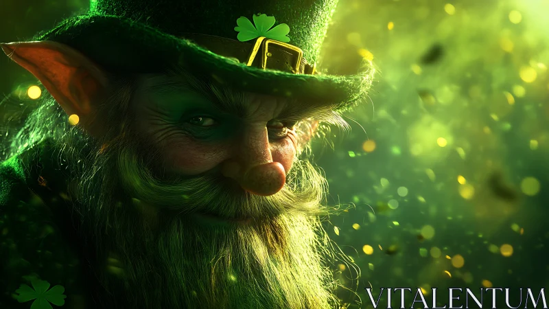 Leprechaun portrait in green light with shamrock hat detail.