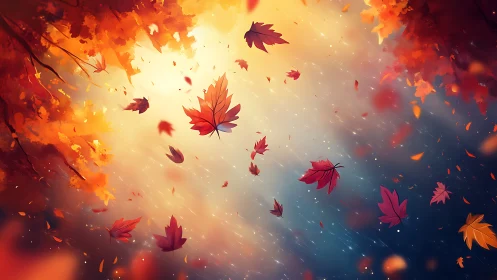 Falling autumn leaves drift through glowing golden light