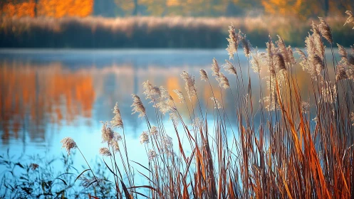 Golden Autumn Reeds by a Serene Lake, Soft Focus Nature Scene.