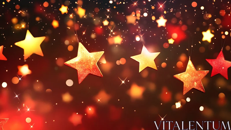 Glowing golden stars suspend over festive red bokeh field