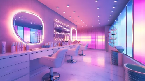 Neon-lit beauty salon interior glows in pink and blue light.