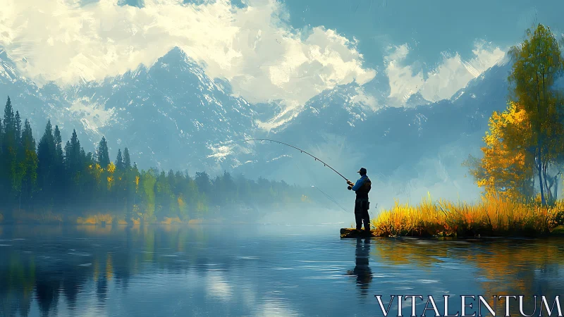 Lone fisherman on calm mountain lake under bright sky.
