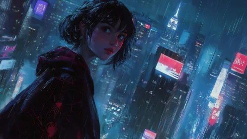 Neon rain drapes a hooded heroine above electric skyline.