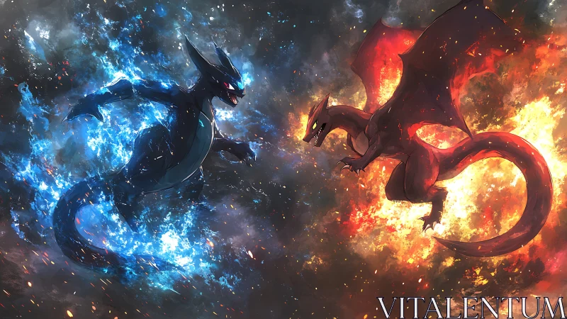 Twin elemental dragons collide in a storm of blue and flame