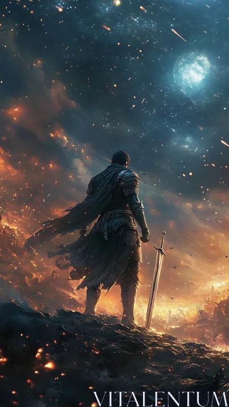 Lone armored warrior stands under fiery cosmic night sky.