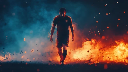 Lone footballer strides through fire and smoke in battlelight