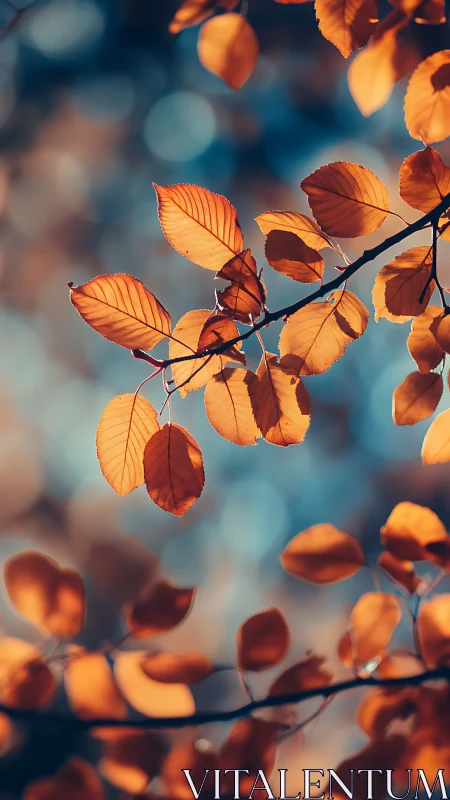Orange autumn leaves hang sharply against soft blue bokeh