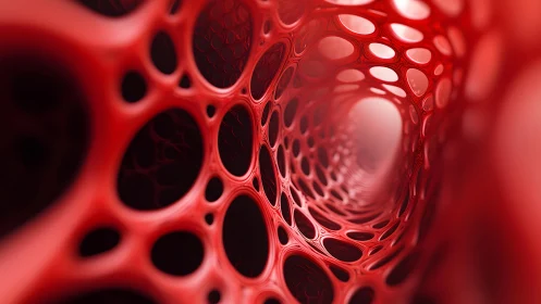 Abstract close-up of red organic tunnel structure, digital art.