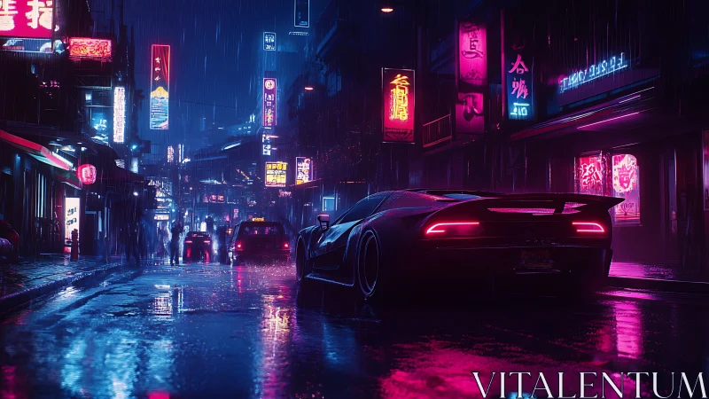 Neon-soaked supercar prowling through rainy cyberpunk alleyways.