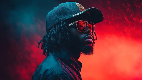 Chromatic neon portrait with dynamic red-blue rim lighting.