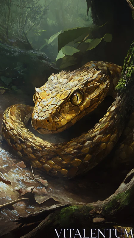 Digital painting of coiled forest viper with luminous scales.