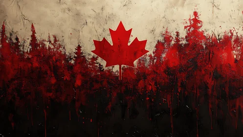 Canadian maple leaf over red abstract forest landscape.