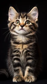 Tabby Kitten Portrait with Striking Yellow Eyes Against Black Background