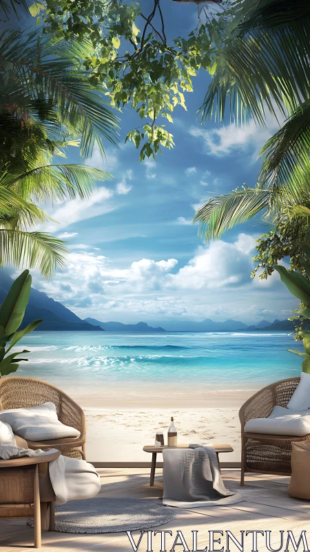 Coastal lounge vignette with tropical foliage and refracted light.