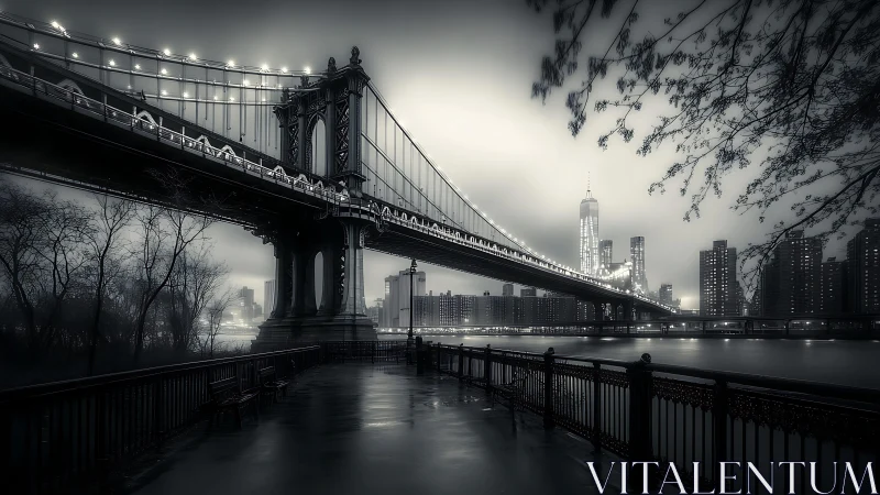 Nocturnal suspension bridge under misted metropolitan skyline.