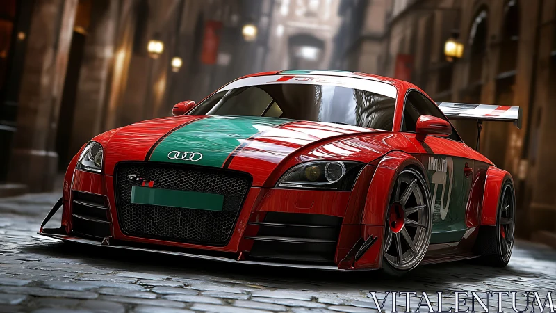 Red Audi race car parked on cobblestone city street.
