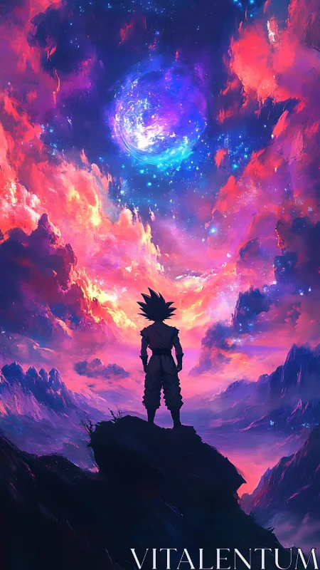 Silhouetted warrior watches cosmic energy over mountains.