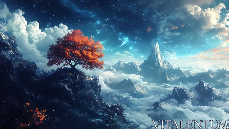 Solitary red tree crowns cliff above cloud-locked alpine spires