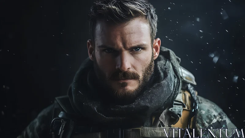 Battle-hardened soldier stares forward under drifting snow