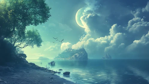 Crescent Moon Over Tropical Island Seascape with Luminescent Atmosphere