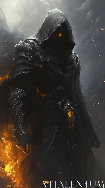 Hooded armored figure stands in flames and dense smoke