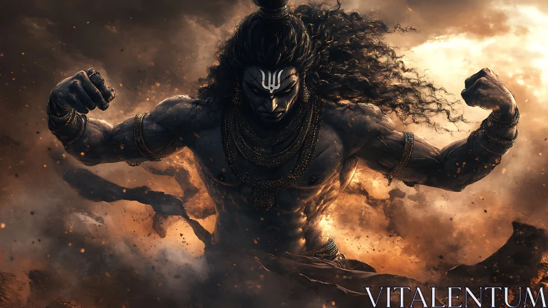 Powerful celestial warrior rises in swirling fiery storm