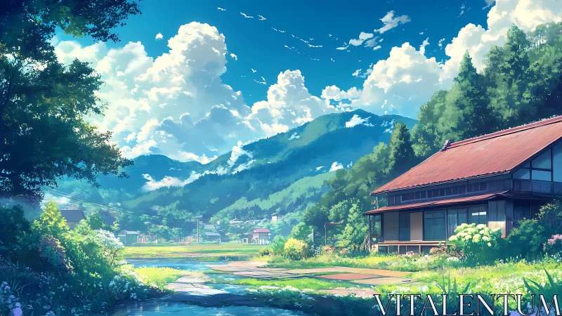 Rural Japanese house beside stream in green mountain valley.