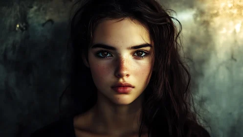 Close frontal portrait of young woman against muted wall.
