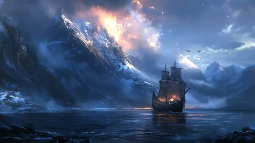 Viking longship crosses glacial fjord under burning sky.