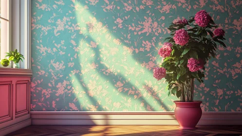 Hydrangea in pink pot against sunlit floral wallpaper.