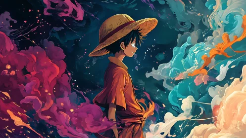 Straw-hat boy stands amid swirling cosmic color clouds.