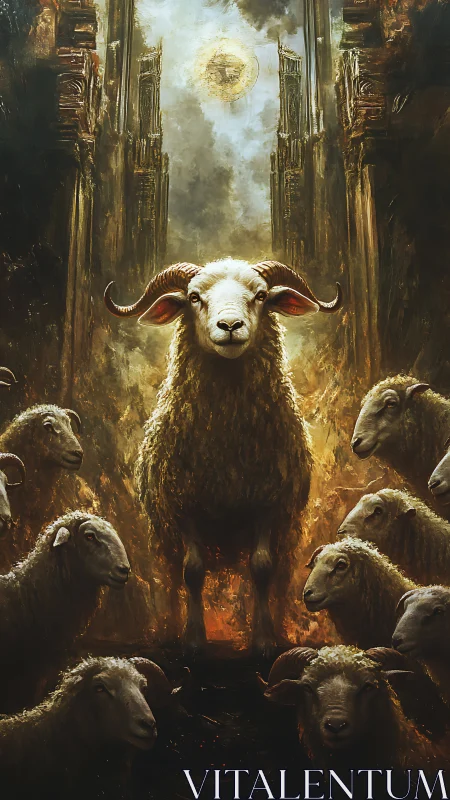 Regal horned ram stands amid flock in fiery ruins.