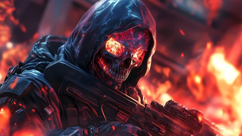 Infernal hooded skull operative amid dynamic firestorm.