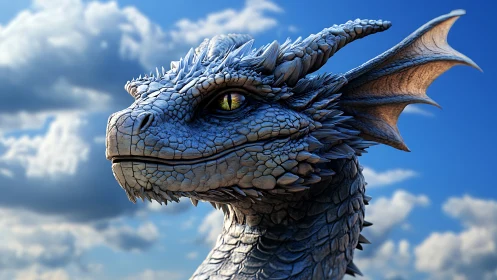 Blue dragon portrait under bright summer sky, hyperreal render.