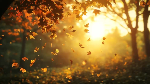 Backlit autumn leaves cascade through shallow depth-of-field forest