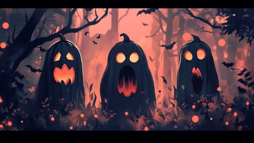 Spectral pumpkin triptych in volumetric fog forest at dusk.
