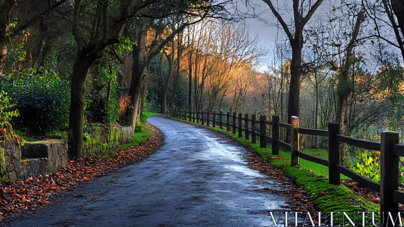 Sunlit forest path curves past mossy fence and stone wall.