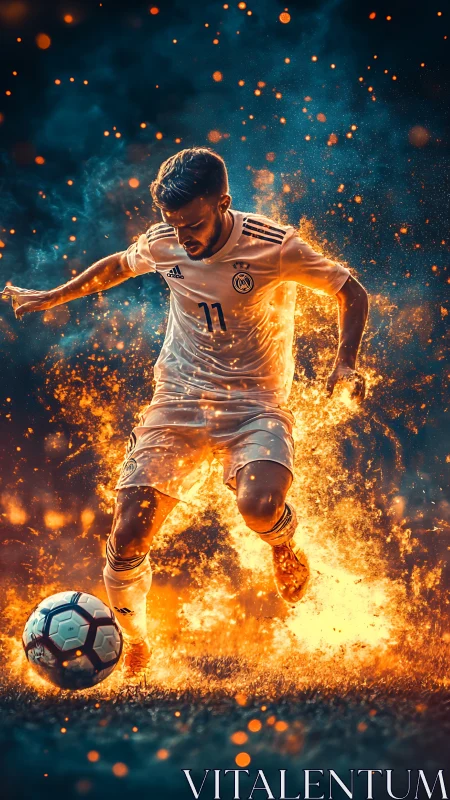 Blazing soccer player charges forward in a storm of fiery light
