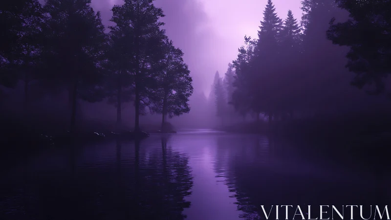 Purple fog river cuts through shadowed pine forest.