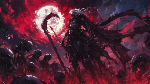 Grim reaper figure under blood red moon in ruins.