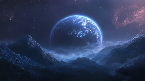 Luminous exoplanet rising over icy alien mountain range.