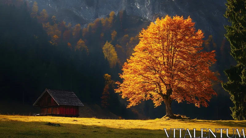 Golden autumn tree guarding a quiet alpine woodland cabin.